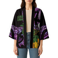 Purple New Zealand Kowhai And Piwakawaka Kimono Maori Ngaru Paua Shell LT14 - Polynesian Pride