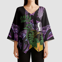 Purple New Zealand Kowhai And Piwakawaka Kimono Sleeve Blouse Maori Ngaru Paua Shell LT14 - Polynesian Pride