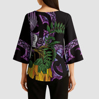 Purple New Zealand Kowhai And Piwakawaka Kimono Sleeve Blouse Maori Ngaru Paua Shell LT14 - Polynesian Pride