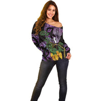 Purple New Zealand Kowhai And Piwakawaka Off Shoulder Sweater Maori Ngaru Paua Shell LT14 - Polynesian Pride