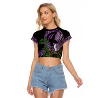 Purple New Zealand Kowhai And Piwakawaka Raglan Cropped T Shirt Maori Ngaru Paua Shell