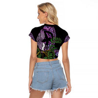 Purple New Zealand Kowhai And Piwakawaka Raglan Cropped T Shirt Maori Ngaru Paua Shell