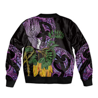 Purple New Zealand Kowhai And Piwakawaka Sleeve Zip Bomber Jacket Maori Ngaru Paua Shell