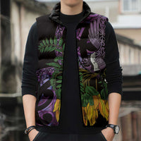Purple New Zealand Kowhai And Piwakawaka Sleeveless Puffer Jacket Maori Ngaru Paua Shell LT14 - Polynesian Pride