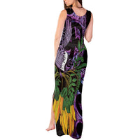 Purple New Zealand Kowhai And Piwakawaka Tank Maxi Dress Maori Ngaru Paua Shell LT14 - Polynesian Pride