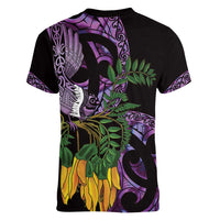 Purple New Zealand Kowhai And Piwakawaka Women V-Neck T-Shirt Maori Ngaru Paua Shell