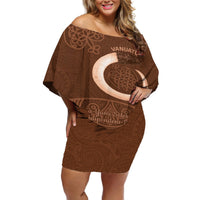 Vanuatu Indipendens Dei Off Shoulder Short Dress Yumi Sand Drawing Turtle Mix Lapita LT14 Women Brown - Polynesian Pride