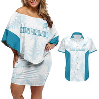 Custom New Zealand Silver Fern Football Couples Matching Off Shoulder Short Dress and Hawaiian Shirt Come On All White LT14 White - Polynesian Pride