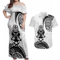 Custom Aotearoa Football Couples Matching Off Shoulder Maxi Dress and Hawaiian Shirt NZ Maori Tiki Go Champions LT14 White - Polynesian Pride