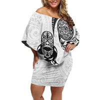 Custom Aotearoa Football Family Matching Off Shoulder Short Dress and Hawaiian Shirt NZ Maori Tiki Go Champions LT14 Mom's Dress White - Polynesian Pride