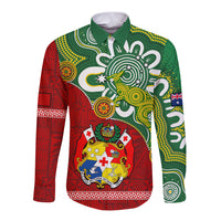 Australia And Tonga Long Sleeve Button Shirt Aboriginal Mix Tongan Ngatu Unique Style LT14 Unisex Green - Polynesian Pride
