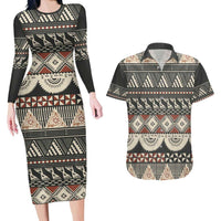 Vintage Bula Fiji Masi Couples Matching Long Sleeve Bodycon Dress and Hawaiian Shirt Fijian Tapa Cloth LT14 Charcoal - Polynesian Pride
