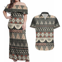 Vintage Bula Fiji Masi Couples Matching Off Shoulder Maxi Dress and Hawaiian Shirt Fijian Tapa Cloth LT14 Charcoal - Polynesian Pride