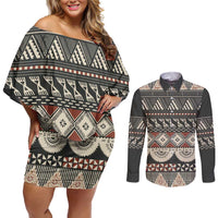 Vintage Bula Fiji Masi Couples Matching Off Shoulder Short Dress and Long Sleeve Button Shirt Fijian Tapa Cloth LT14 Charcoal - Polynesian Pride