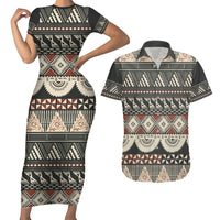 Vintage Bula Fiji Masi Couples Matching Short Sleeve Bodycon Dress and Hawaiian Shirt Fijian Tapa Cloth LT14 Charcoal - Polynesian Pride