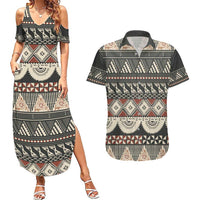 Vintage Bula Fiji Masi Couples Matching Summer Maxi Dress and Hawaiian Shirt Fijian Tapa Cloth LT14 Charcoal - Polynesian Pride