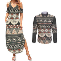 Vintage Bula Fiji Masi Couples Matching Summer Maxi Dress and Long Sleeve Button Shirt Fijian Tapa Cloth LT14 Charcoal - Polynesian Pride