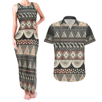 Vintage Bula Fiji Masi Couples Matching Tank Maxi Dress and Hawaiian Shirt Fijian Tapa Cloth LT14 Charcoal - Polynesian Pride