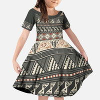 Vintage Bula Fiji Masi Family Matching Off The Shoulder Long Sleeve Dress and Hawaiian Shirt Fijian Tapa Cloth LT14 Daughter's Dress Charcoal - Polynesian Pride