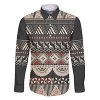 Vintage Bula Fiji Masi Family Matching Off Shoulder Short Dress and Hawaiian Shirt Fijian Tapa Cloth LT14 Dad's Shirt - Long Sleeve Charcoal - Polynesian Pride