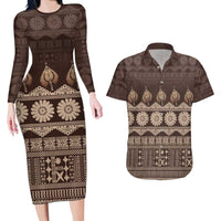 Bula Fiji Iri ni Meke Couples Matching Long Sleeve Bodycon Dress and Hawaiian Shirt Kuvui Fijian Masi LT14 Brown - Polynesian Pride