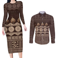 Bula Fiji Iri ni Meke Couples Matching Long Sleeve Bodycon Dress and Long Sleeve Button Shirt Kuvui Fijian Masi LT14 Brown - Polynesian Pride