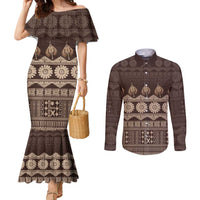 Bula Fiji Iri ni Meke Couples Matching Mermaid Dress and Long Sleeve Button Shirt Kuvui Fijian Masi LT14 Brown - Polynesian Pride