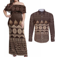 Bula Fiji Iri ni Meke Couples Matching Off Shoulder Maxi Dress and Long Sleeve Button Shirt Kuvui Fijian Masi LT14 Brown - Polynesian Pride