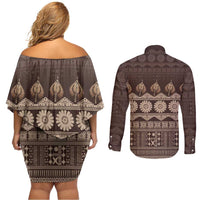 Bula Fiji Iri ni Meke Couples Matching Off Shoulder Short Dress and Long Sleeve Button Shirt Kuvui Fijian Masi LT14 - Polynesian Pride