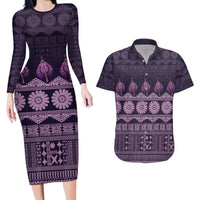 Bula Fiji Iri ni Meke Couples Matching Long Sleeve Bodycon Dress and Hawaiian Shirt Lokaloka Fijian Masi LT14 Purple - Polynesian Pride