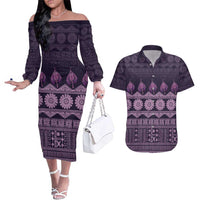 Bula Fiji Iri ni Meke Couples Matching Off The Shoulder Long Sleeve Dress and Hawaiian Shirt Lokaloka Fijian Masi LT14 Purple - Polynesian Pride