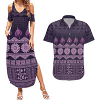 Bula Fiji Iri ni Meke Couples Matching Summer Maxi Dress and Hawaiian Shirt Lokaloka Fijian Masi LT14 Purple - Polynesian Pride