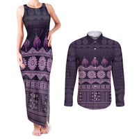 Bula Fiji Iri ni Meke Couples Matching Tank Maxi Dress and Long Sleeve Button Shirt Lokaloka Fijian Masi LT14 Purple - Polynesian Pride