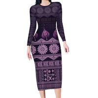 Bula Fiji Iri ni Meke Long Sleeve Bodycon Dress Lokaloka Fijian Masi LT14 Long Dress Purple - Polynesian Pride