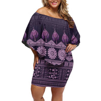 Bula Fiji Iri ni Meke Off Shoulder Short Dress Lokaloka Fijian Masi LT14 Women Purple - Polynesian Pride