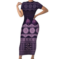 Bula Fiji Iri ni Meke Short Sleeve Bodycon Dress Lokaloka Fijian Masi LT14 Long Dress Purple - Polynesian Pride