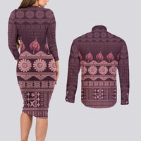 Bula Fiji Iri ni Meke Couples Matching Long Sleeve Bodycon Dress and Long Sleeve Button Shirt Piqi Fijian Masi LT14 - Polynesian Pride
