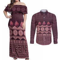 Bula Fiji Iri ni Meke Couples Matching Off Shoulder Maxi Dress and Long Sleeve Button Shirt Piqi Fijian Masi LT14 Pink - Polynesian Pride