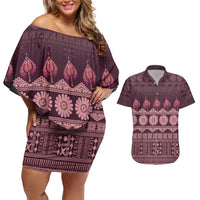 Bula Fiji Iri ni Meke Couples Matching Off Shoulder Short Dress and Hawaiian Shirt Piqi Fijian Masi LT14 Pink - Polynesian Pride