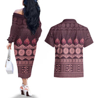 Bula Fiji Iri ni Meke Couples Matching Off The Shoulder Long Sleeve Dress and Hawaiian Shirt Piqi Fijian Masi LT14 - Polynesian Pride