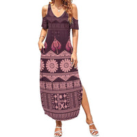 Bula Fiji Iri ni Meke Family Matching Summer Maxi Dress and Hawaiian Shirt Piqi Fijian Masi LT14 Mom's Dress Pink - Polynesian Pride