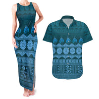 Bula Fiji Iri ni Meke Couples Matching Tank Maxi Dress and Hawaiian Shirt Karakarawa Fijian Masi LT14 Blue - Polynesian Pride