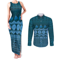 Bula Fiji Iri ni Meke Couples Matching Tank Maxi Dress and Long Sleeve Button Shirt Karakarawa Fijian Masi LT14 Blue - Polynesian Pride