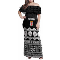 Fiji Tapa Rugby Custom Family Matching Off Shoulder Maxi Dress and Hawaiian Shirt Go Fijiana LT14 Mom's Dress Black - Polynesian Pride