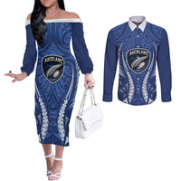 Auckland 2026 Rugby Custom Couples Matching Off The Shoulder Long Sleeve Dress and Long Sleeve Button Shirt NZ Maori Silver Fern LT14 Blue - Polynesian Pride