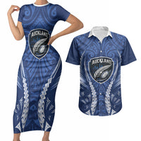 Auckland 2026 Rugby Custom Couples Matching Short Sleeve Bodycon Dress and Hawaiian Shirt NZ Maori Silver Fern LT14 Blue - Polynesian Pride