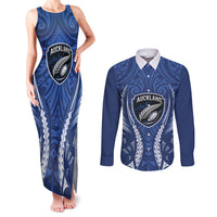 Auckland 2026 Rugby Custom Couples Matching Tank Maxi Dress and Long Sleeve Button Shirt NZ Maori Silver Fern LT14 Blue - Polynesian Pride