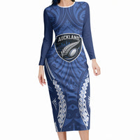 Auckland 2026 Rugby Custom Long Sleeve Bodycon Dress NZ Maori Silver Fern LT14 Long Dress Blue - Polynesian Pride