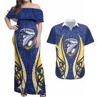 Bay of Plenty 2026 Rugby Custom Couples Matching Off Shoulder Maxi Dress and Hawaiian Shirt NZ Maori Silver Fern LT14 Blue - Polynesian Pride