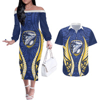 Bay of Plenty 2026 Rugby Custom Couples Matching Off The Shoulder Long Sleeve Dress and Hawaiian Shirt NZ Maori Silver Fern LT14 Blue - Polynesian Pride